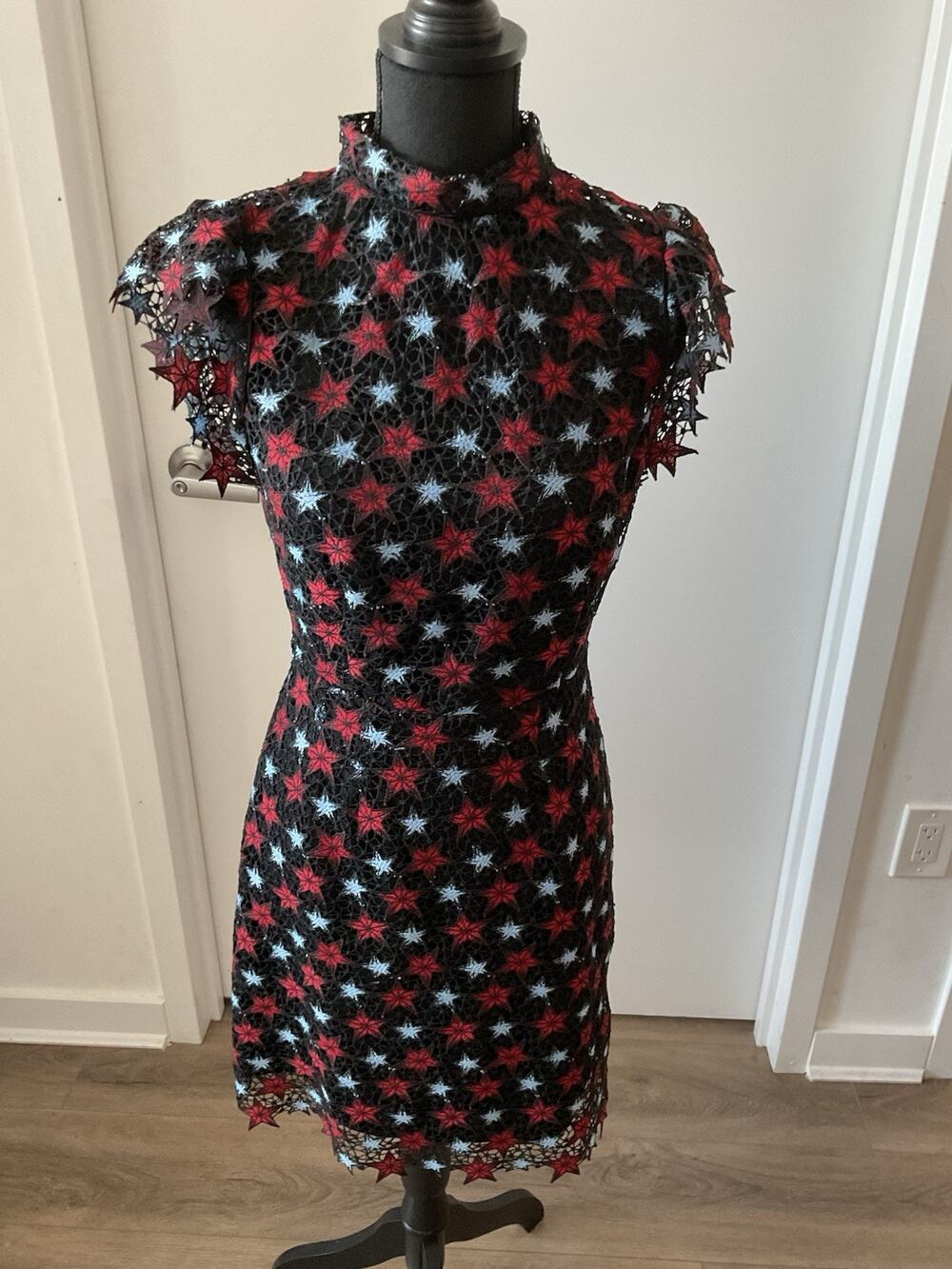 Sandro Paris Star Lace Mock Neck Mini Dress Red Blue Guipure Black